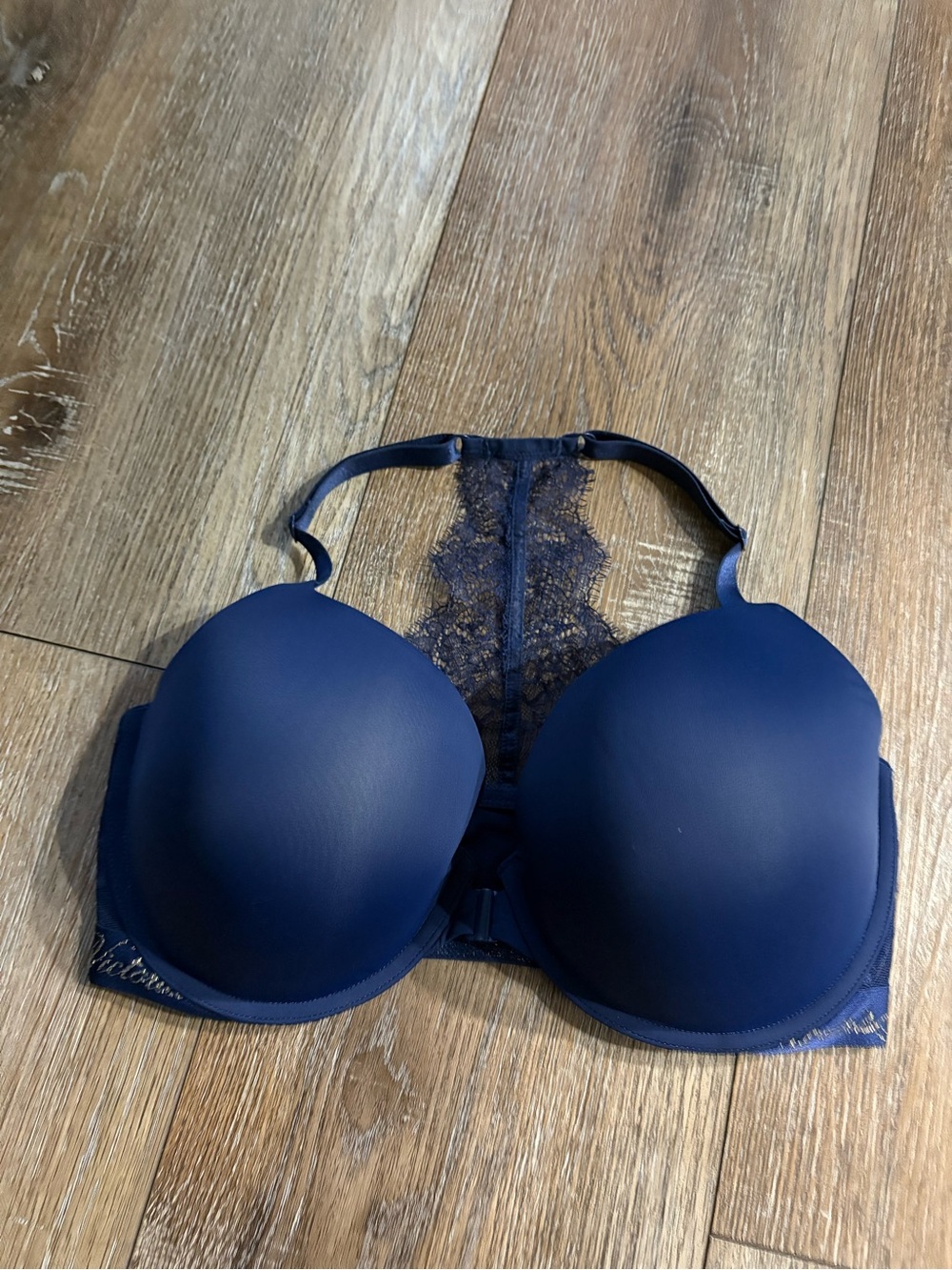 Victoria’s Secret 36DD Navy Blue Padded racerback front snap push-up bra